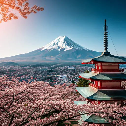 Cinematic view of Mount Fuji with red pagoda and cherry blossoms