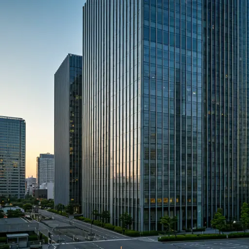 Modern office building in Tokyo business district at sunset